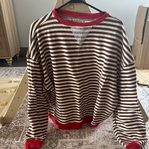 Striped Brown and White Sweater with Red Accents